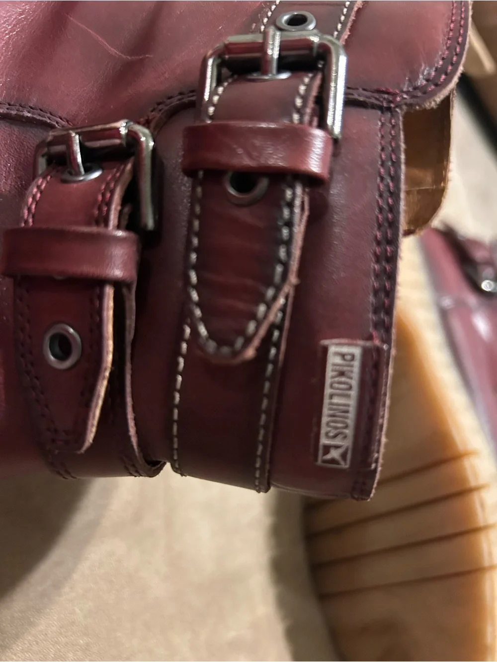 PIKOLINOS Maroon Leather Boots, buckles that are adjustable, zippers on the side